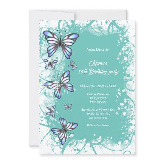 blue teal white watercolor butterfly party