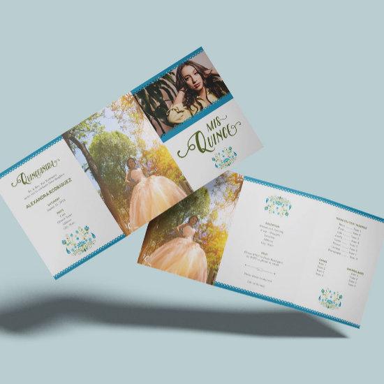 Blue Traditional Mexico Floral Photo Quinceanera Tri-Fold