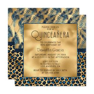 Blue Tropical Leopard Print Shimmer Quinceañera