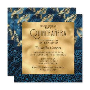 Blue Tropical Leopard Print Shimmer Quinceañera