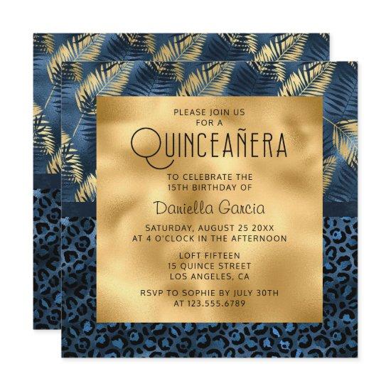 Blue Tropical Leopard Print Shimmer Quinceañera