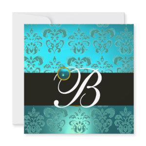 BLUE TURQUASE BLACK  DAMASK MONOGRAM , aquamarine
