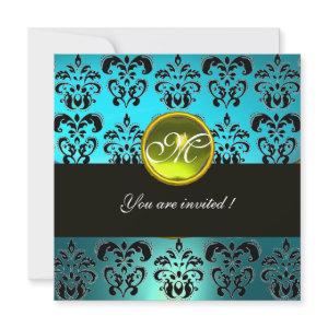 BLUE TURQUASE BLACK DAMASK MONOGRAM, yellow topaz