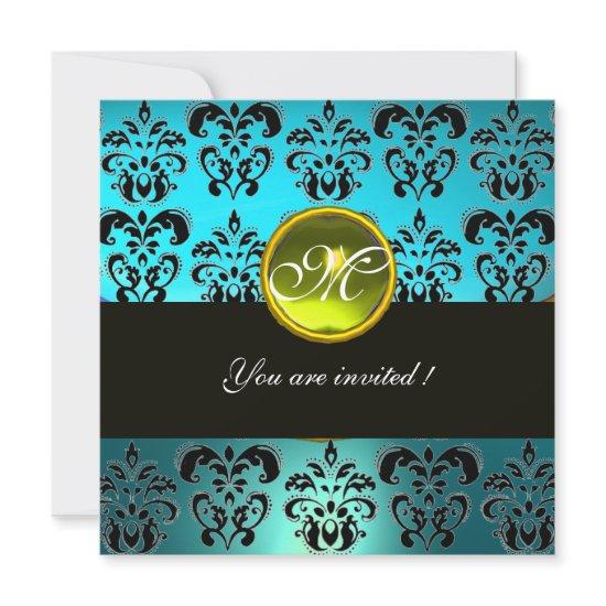 BLUE TURQUASE BLACK DAMASK MONOGRAM, yellow topaz