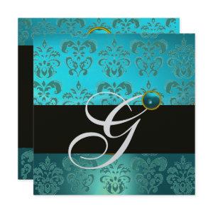 BLUE TURQUASE BLACK SILVER DAMASK MONOGRAM