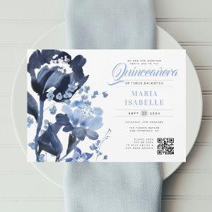 Blue Watercolor Floral QR Code Quinceañera