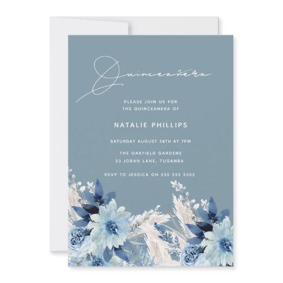 Blue Watercolor Florals Modern Quinceañera Party