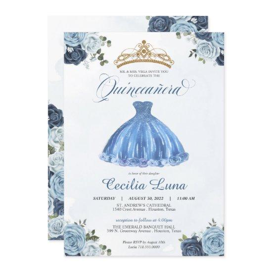 Blue & White Roses Princess Quinceañera Birthday