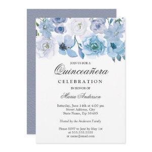 Blue Wonderland Gray Flower Quinceanera Invite