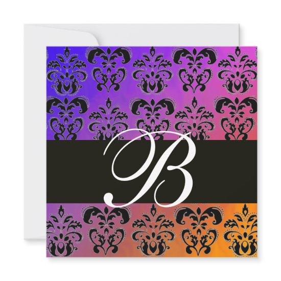 BLUE YELLOW PURPLE BLACK  DAMASK MONOGRAM , white