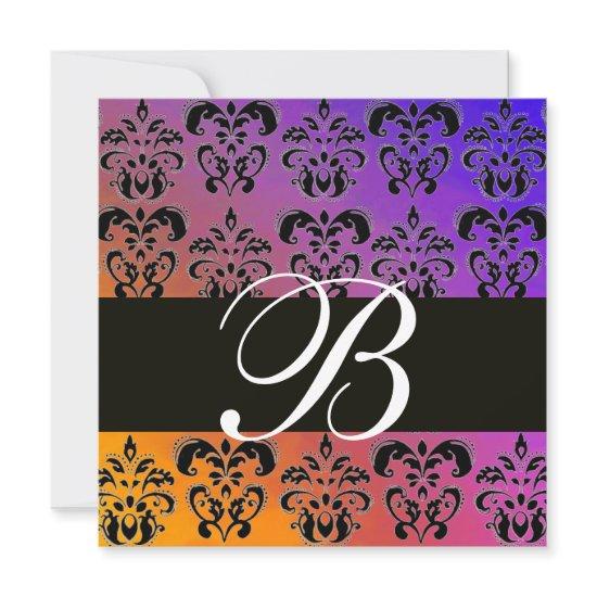 BLUE YELLOW PURPLE BLACK  DAMASK MONOGRAM , white