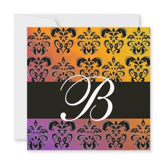 BLUE YELLOW PURPLE BLACK  DAMASK MONOGRAM , white