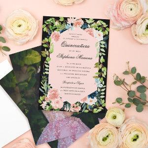 Blush Black Floral Greenery Romantic Quinceañera