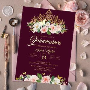 Blush Burgundy Floral Butterfly Tiara Quinceanera Foil