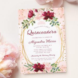 Blush Burgundy Floral Gold Geometric Quinceanera