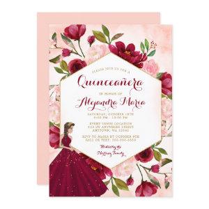 Blush Burgundy Floral Gold Gown Quinceanera