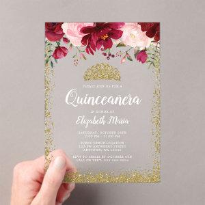 Blush Burgundy Floral Gold Tiara Quinceanera Acrylic