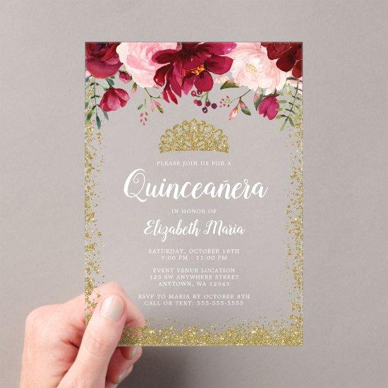Blush Burgundy Floral Gold Tiara Quinceanera Acrylic