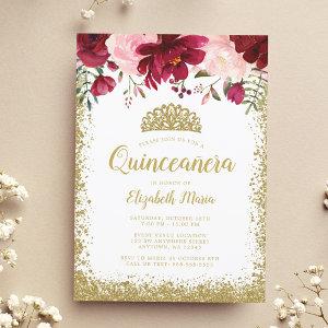 Blush Burgundy Floral Gold Tiara Quinceanera