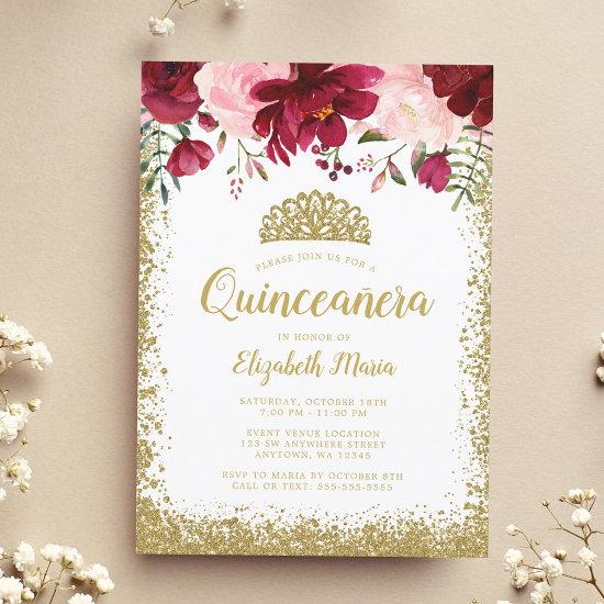 Blush Burgundy Floral Gold Tiara Quinceanera