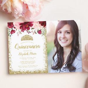 Blush Burgundy Floral Gold Tiara Quinceanera Photo