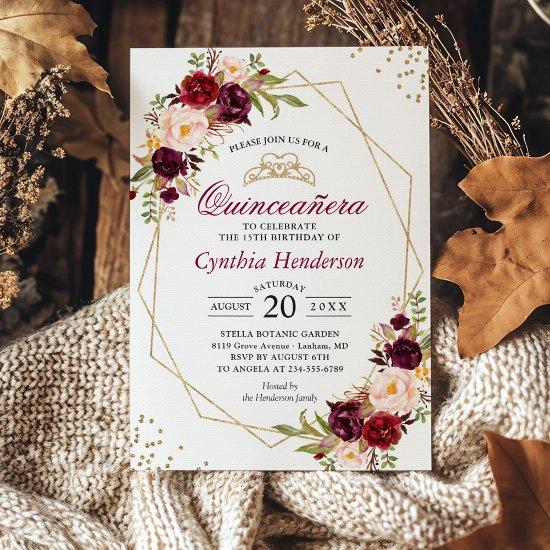 Blush Burgundy Floral Quinceañera 15th Birthday