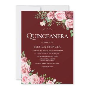 Blush & Burgundy Floral Quinceanera Party Invite