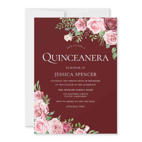 Blush & Burgundy Floral Quinceanera Party Invite