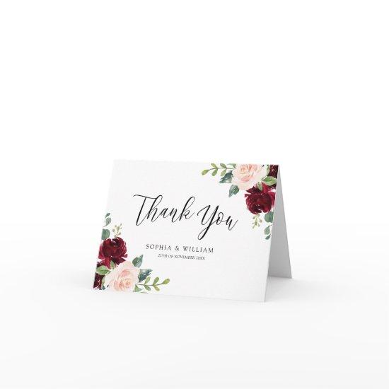 Blush & Burgundy Floral Watercolor Wedding Event Thank You Card