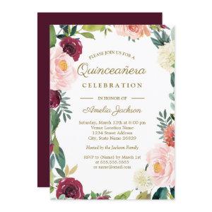 Blush Burgundy Floral Wreath Quinceanera Invite