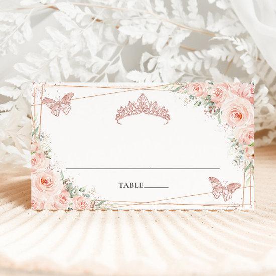 Blush Floral Butterflies Quinceanera 16th Birthday Place Card