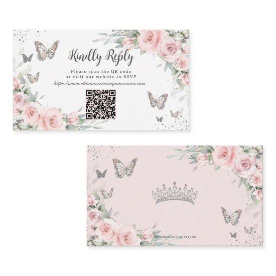 Blush Floral Butterflies Quinceañera QR Code RSVP Enclosure Card