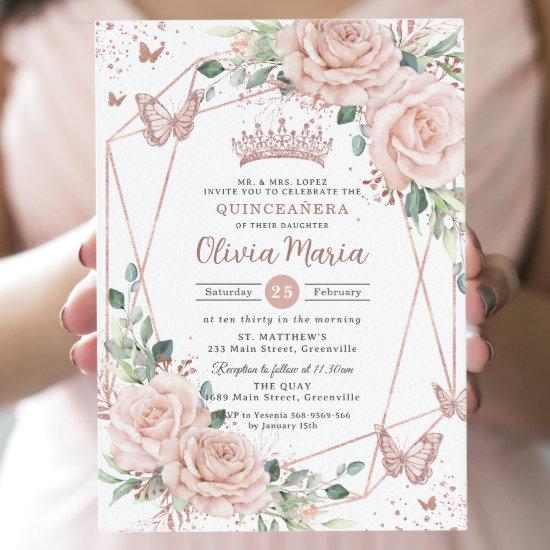 Blush Floral Butterflies Rose Gold Quinceañera