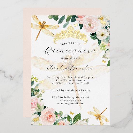Blush Floral Gold Dragonfly Quinceanera Foil