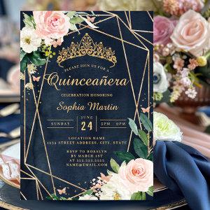 Blush Floral Navy Geometric Butterfly Quinceanera