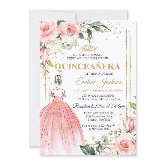 Blush floral pink princess dress gold tiara 15th