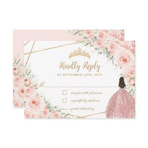 Blush Floral Princess Quinceañera Gold Crown Dress RSVP Card