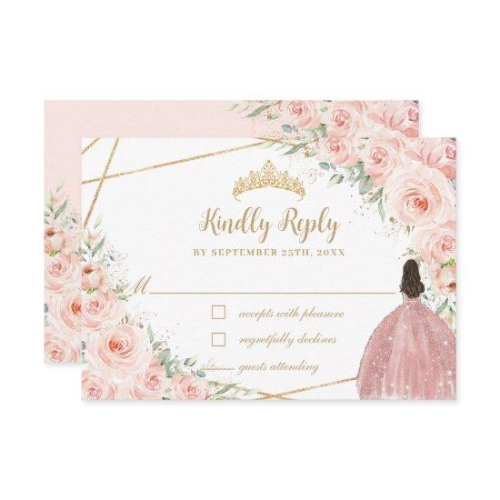 Blush Floral Princess Quinceañera Gold Crown Dress RSVP Card