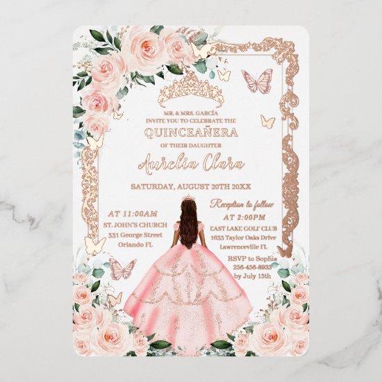 Blush Floral Quinceañera Princess Dress Rose Gold Foil