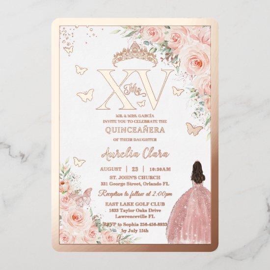 Blush Floral Quinceañera Quince 15 XV Rose Gold Foil