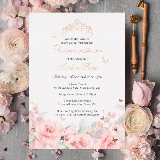Blush Floral Rose Gold Butterfly Quinceanera Foil