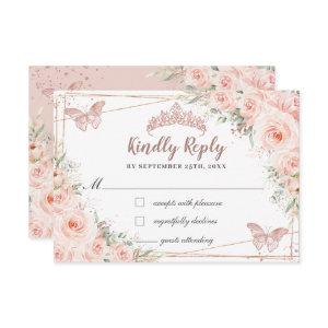 Blush Floral Rose Gold Butterfly Quinceañera Reply RSVP Card
