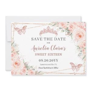 Blush Floral Rose Gold Sweet 16 Quince Butterflies Save The Date