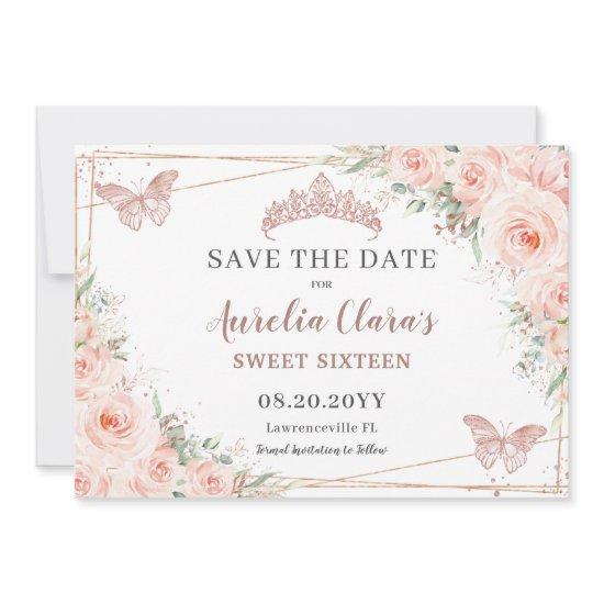Blush Floral Rose Gold Sweet 16 Quince Butterflies Save The Date