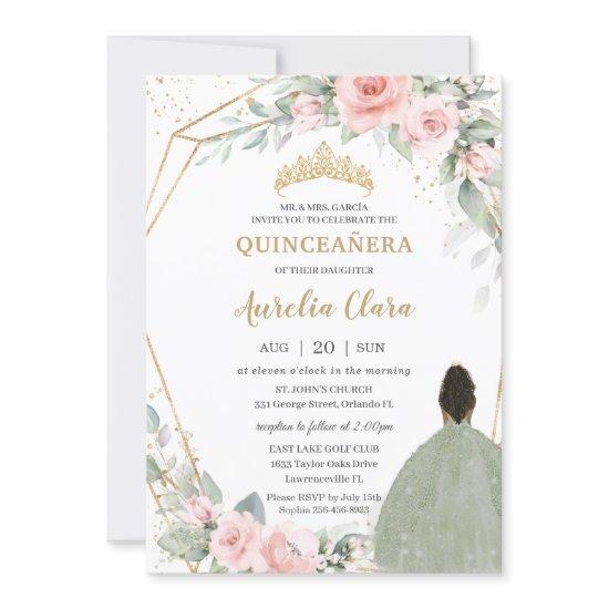 Blush Floral Sage Green Brown Princess Quinceañera