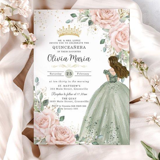 Blush Floral Sage Green Princess Gown Quinceañera