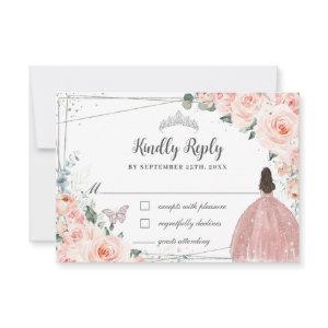Blush Floral Silver QUINCEAÑERA Dress Butterflies RSVP Card