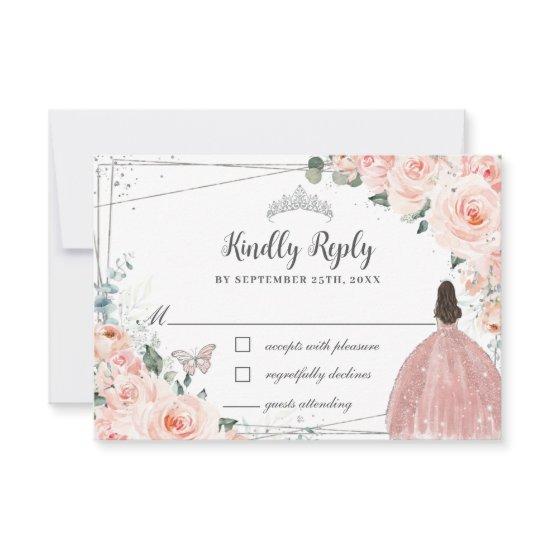 Blush Floral Silver QUINCEAÑERA Dress Butterflies RSVP Card