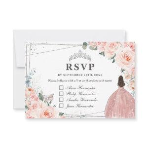 Blush Floral Silver QUINCEAÑERA Reply Guest Names RSVP Card
