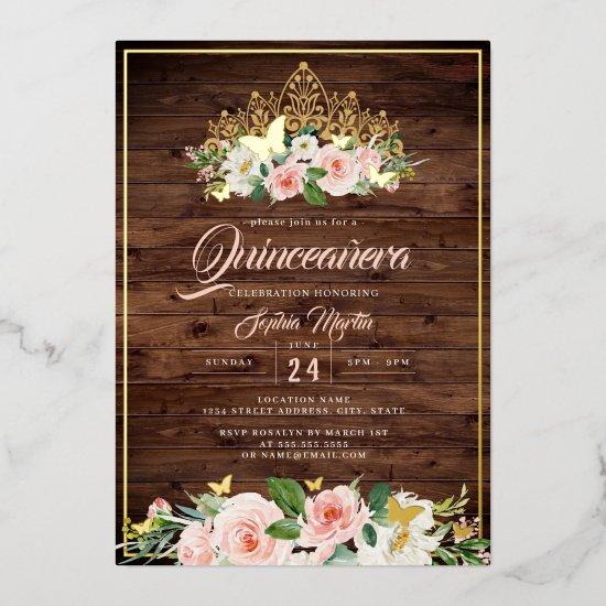 Blush Floral Tiara Rustic Quinceanera Foil